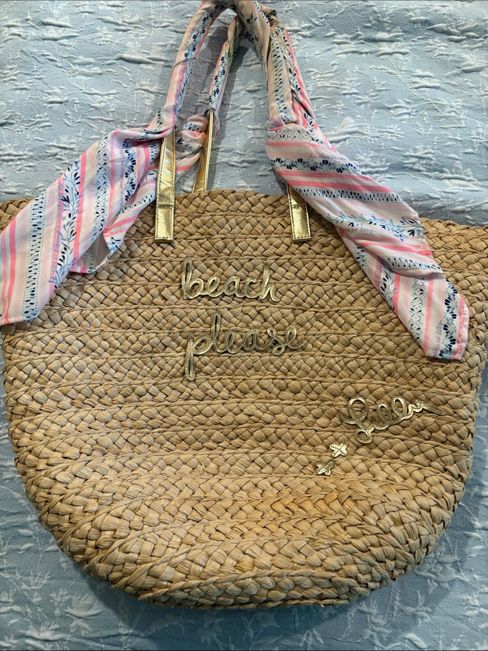Lilly Pulitzer Straw Tote with Pink Scarf and Gold Accents